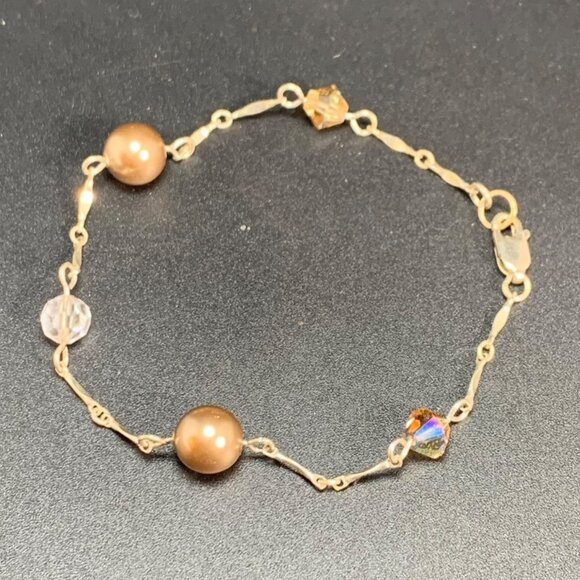VTG Sterling Silver Champagne Faux Pearl Swarovski Crystal Station Bracelet 7.5" - Picture 5 of 11